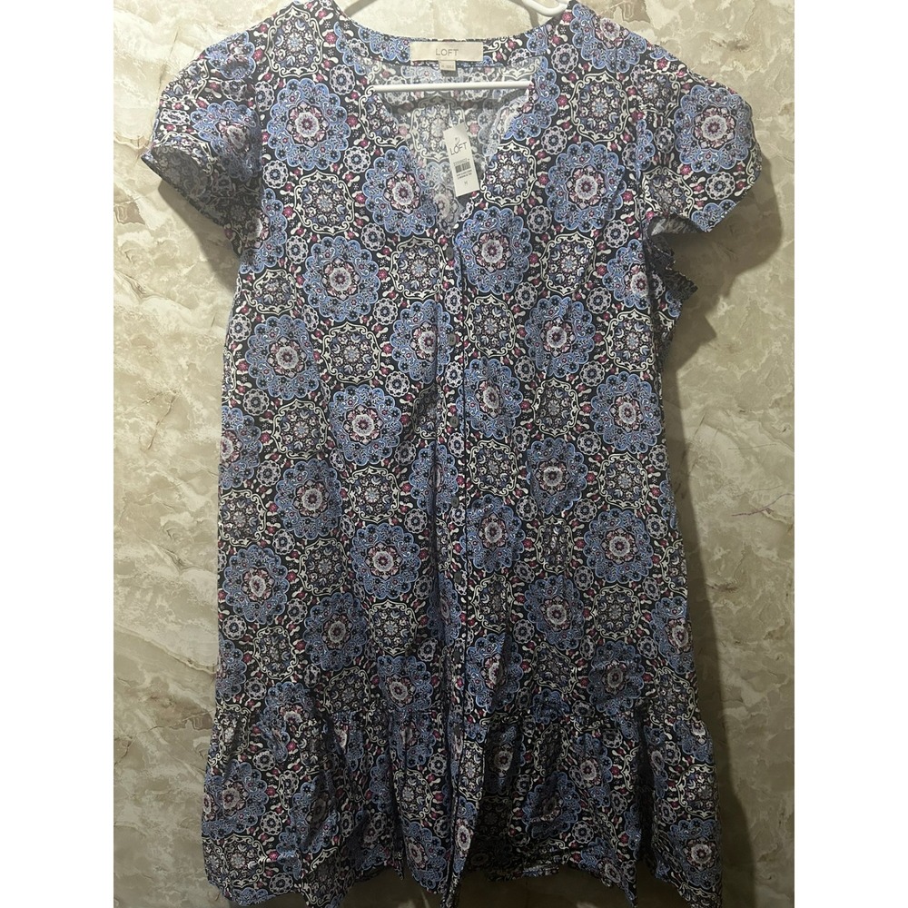 LOFT Blue Medallion Tile Print V-Neck Tiered Ruffle Hem Dress NWT Size M